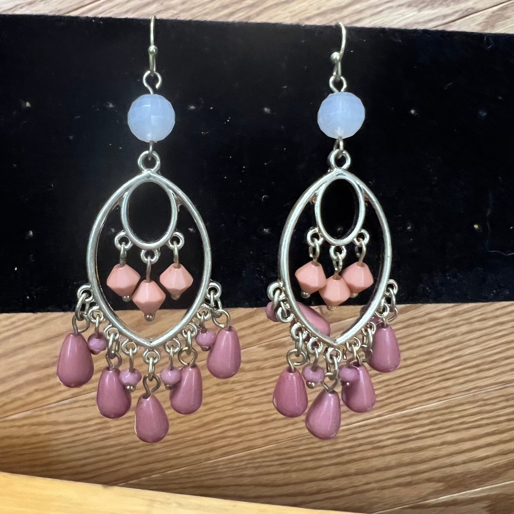 Vintage Pair Dangle Drop Chandelier Earrings Pink & White Filigree Beaded Boho